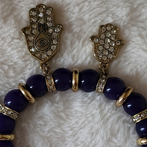 Hamsa Khamsa Fatima Eye Stretch Bling Charm Bracelet Purple Gold NWT - Picture 6 of 15